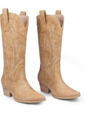 Women's Tan Mid Calf Cowboy Boots Pointy Toe Embroidered Western Boot